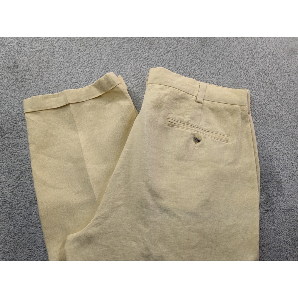 Jos. A. Bank Mens 36x30 Pleated Linen Pants Yellow Cream Cuffed Trousers